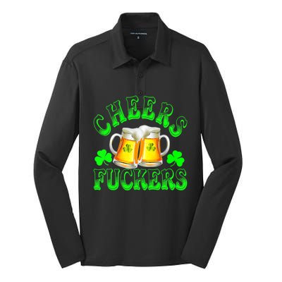 Cheers Fuckers Funny St Patricks Day Irish Drinking Silk Touch Performance Long Sleeve Polo