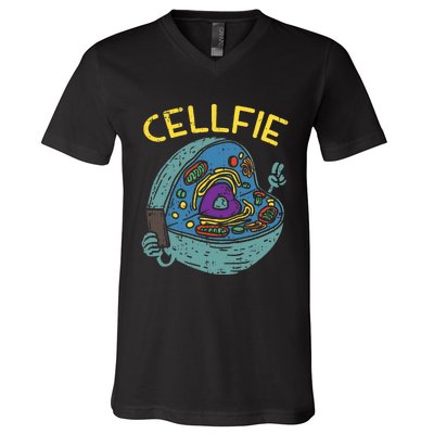 Cell Fie Funny Cellfie Selfie Science Biology Teacher V-Neck T-Shirt