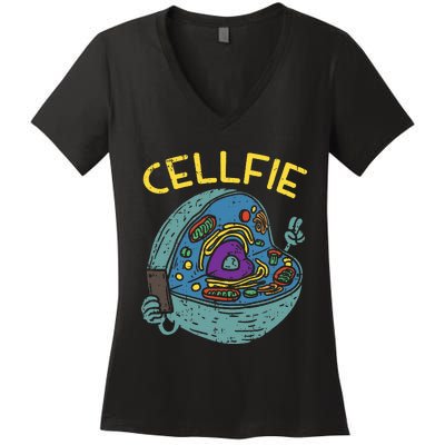 Cell Fie Funny Cellfie Selfie Science Biology Teacher Women's V-Neck T-Shirt