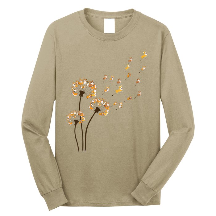 Corgi Flower Fly Dandelion Funny Dog Lover For Mom Long Sleeve Shirt