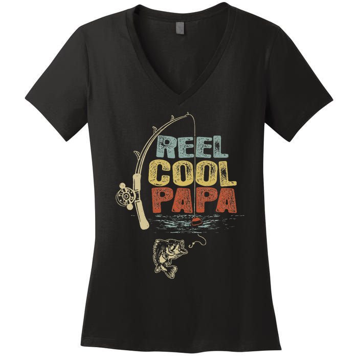 Cute Funny Fisherman Vintage Reel Cool Papa Women's V-Neck T-Shirt