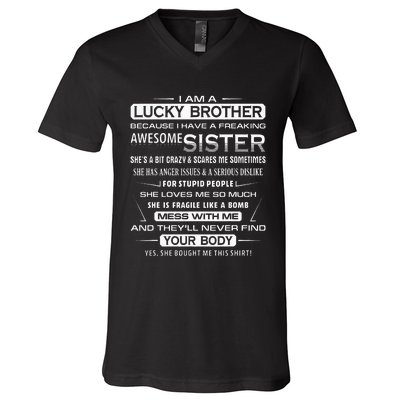 Christmas Funny For Brother From Sister I Am A Lucky Brother V-Neck T-Shirt