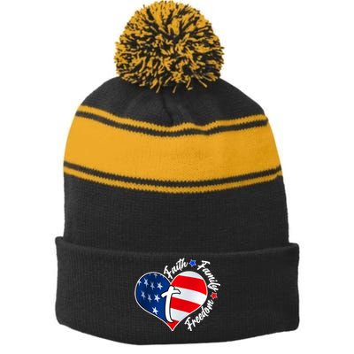 Cute Faith Family Freedom American USA Heart Stripe Pom Pom Beanie