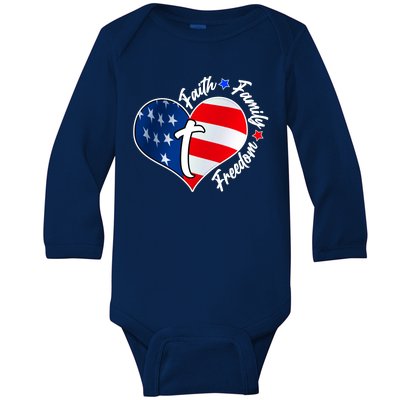 Cute Faith Family Freedom American USA Heart Baby Long Sleeve Bodysuit