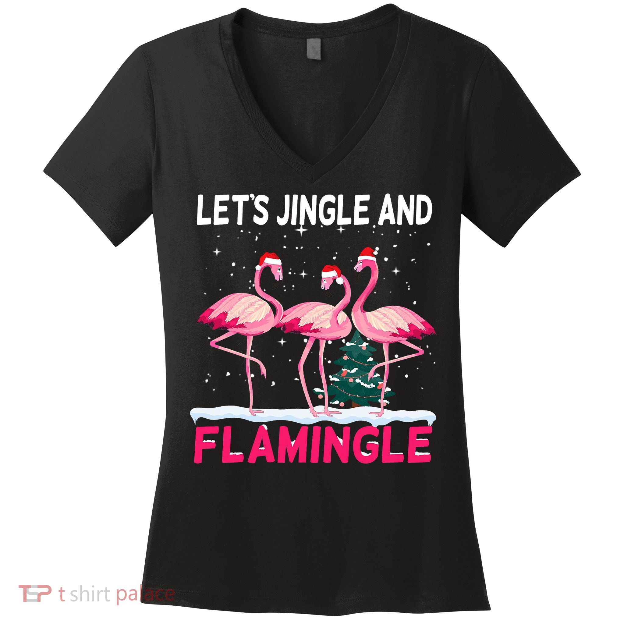 Christmas Flamingo Funny Pink Flamingle Xmas Women's V-Neck T-Shirt