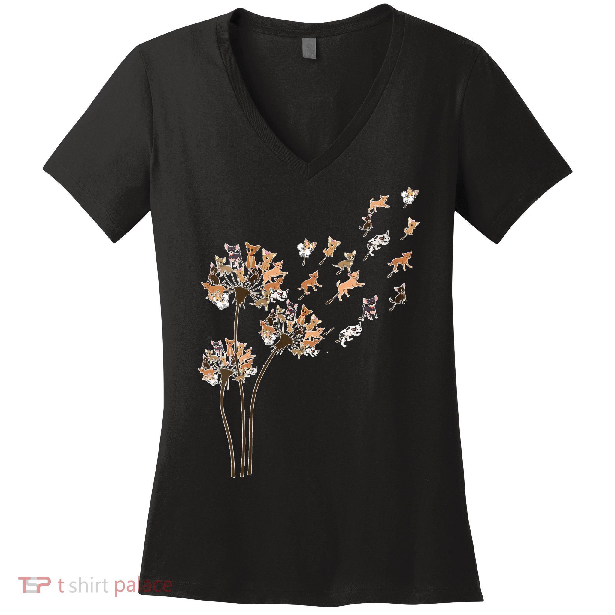 Chihuahua Flower Fly Dandelion Chihuahua Funny Dog Lover V Neck Women's V-Neck T-Shirt