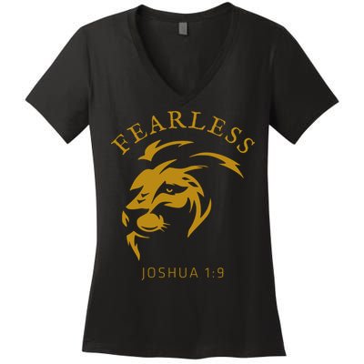 Christian Faith Fearless Joshua 1:9 Lion Of Judah Gift Women's V-Neck T-Shirt