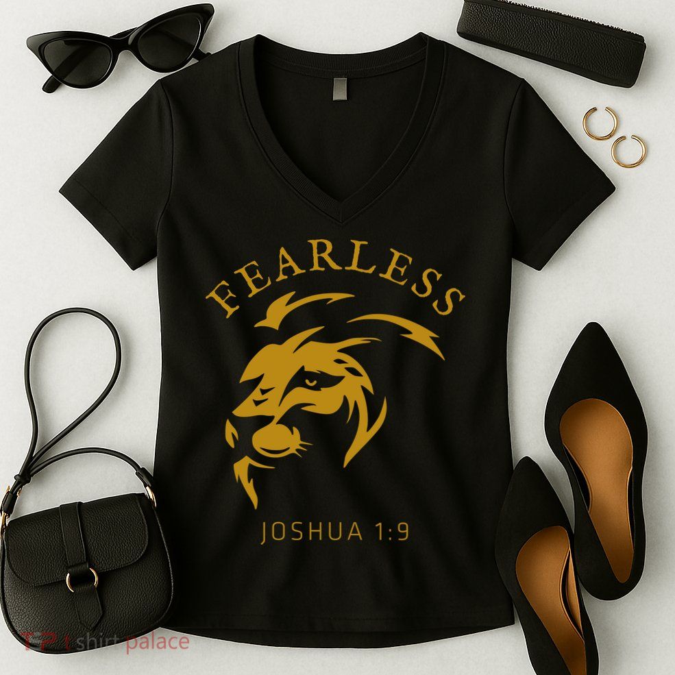 Christian Faith Fearless Joshua 1:9 Lion Of Judah Gift Women's V-Neck T-Shirt
