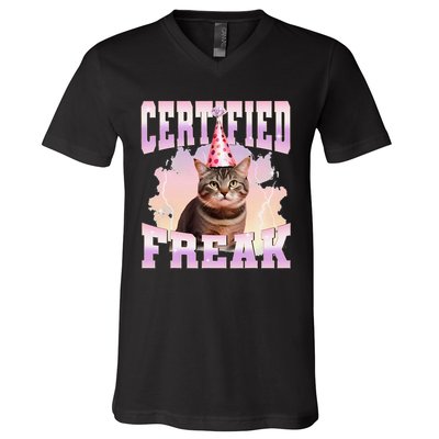 Certified Freak Funny Cat Joke Meme Cement Cursed Cat V-Neck T-Shirt