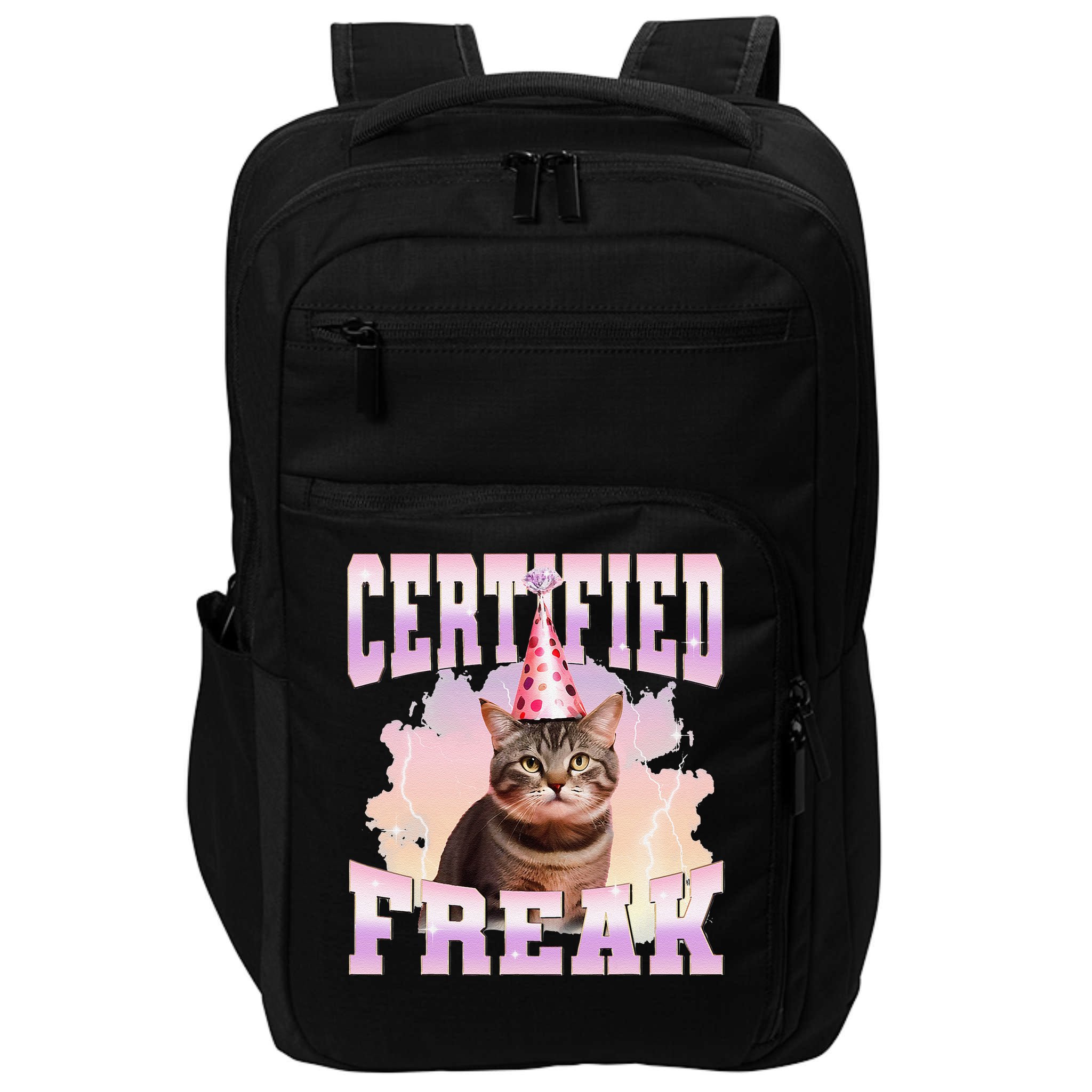 Certified Freak Funny Cat Joke Meme Cement Cursed Cat Impact Tech Backpack