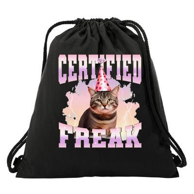 Certified Freak Funny Cat Joke Meme Cement Cursed Cat Drawstring Bag