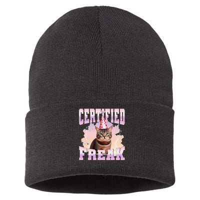 Certified Freak Funny Cat Joke Meme Cement Cursed Cat Sustainable Knit Beanie