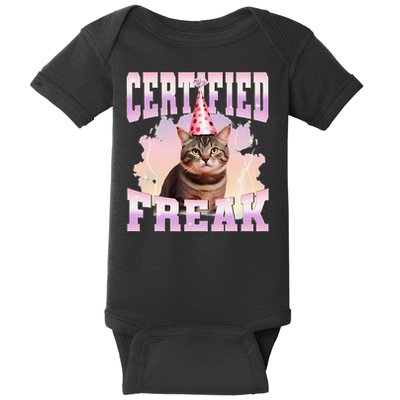 Certified Freak Funny Cat Joke Meme Cement Cursed Cat Baby Bodysuit