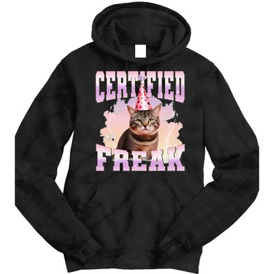 Certified Freak Funny Cat Joke Meme Cement Cursed Cat Tie Dye Hoodie