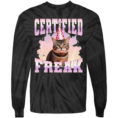 Certified Freak Funny Cat Joke Meme Cement Cursed Cat Tie-Dye Long Sleeve Shirt