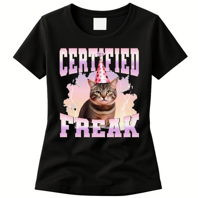 Certified Freak Funny Cat Joke Meme Cement Cursed Cat Womens T-Shirt