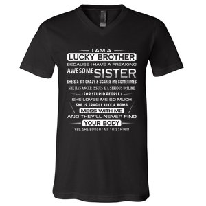 Christmas Funny For Brother From Sister I Am A Lucky Brother V-Neck T-Shirt