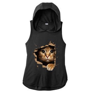 Cute kitten looks from torn fabric - Cats  Ladies PosiCharge Tri-Blend Wicking Draft Hoodie Tank