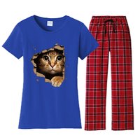 Cute kitten looks from torn fabric - Cats  Women's Flannel Pajama Set