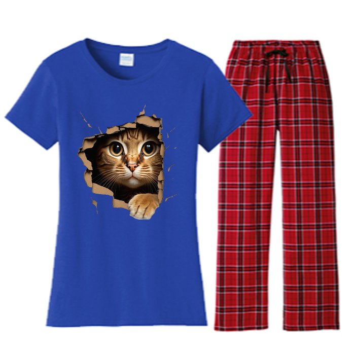 Cute kitten looks from torn fabric - Cats  Women's Flannel Pajama Set