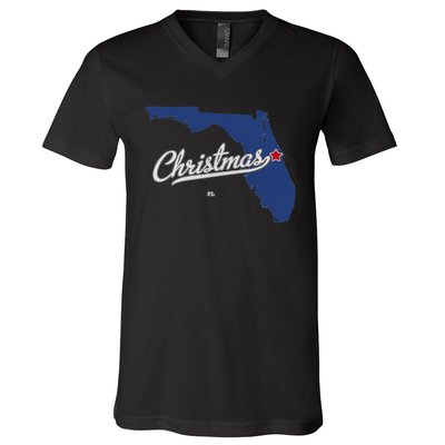 Christmas Florida FL Map V-Neck T-Shirt