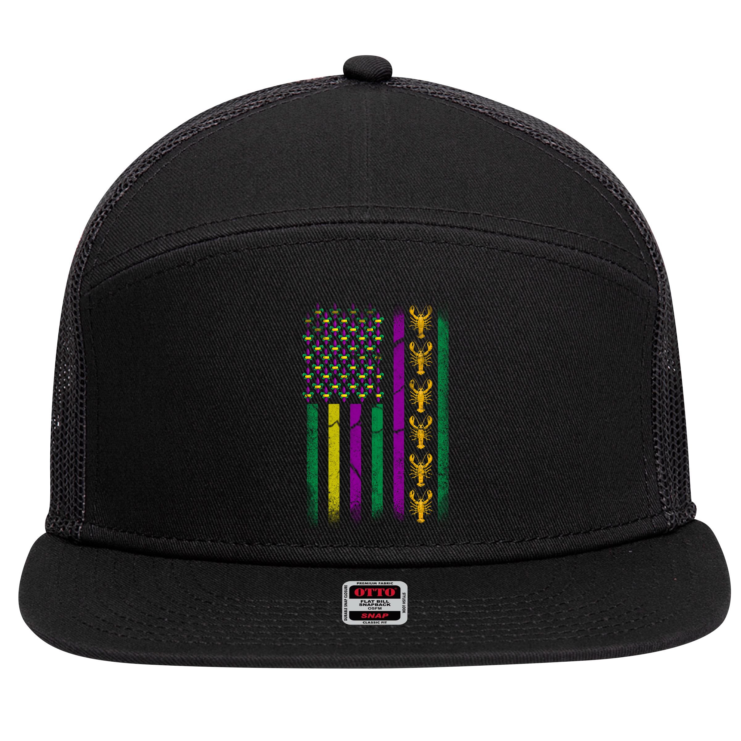 Crawfish Fleur-De-Lis Flag Mardi Gras  7 Panel Mesh Trucker Snapback Hat