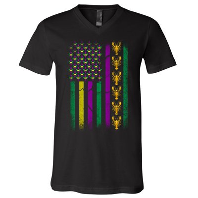Crawfish Fleur-De-Lis Flag Mardi Gras  V-Neck T-Shirt