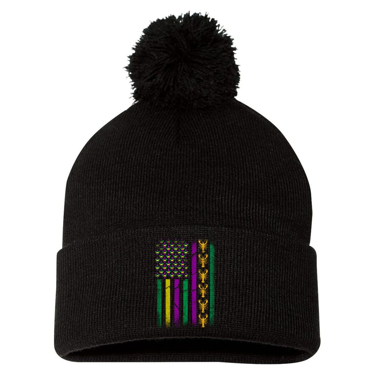Crawfish Fleur-De-Lis Flag Mardi Gras  Pom Pom 12in Knit Beanie