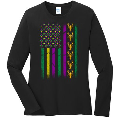 Crawfish Fleur-De-Lis Flag Mardi Gras  Ladies Long Sleeve Shirt