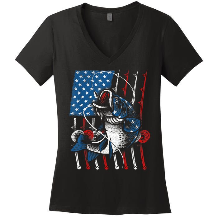 Cool Fishing For Wo American Flag USA Fish Lover Women's V-Neck T-Shirt