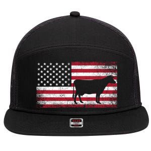 Cow Farm Farmer 4th Of July American Flag Patriotic Usa Meaningful Gift 7 Panel Mesh Trucker Snapback Hat