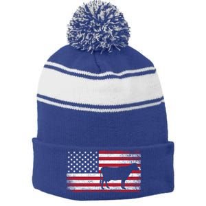 Cow Farm Farmer 4th Of July American Flag Patriotic Usa Meaningful Gift Stripe Pom Pom Beanie