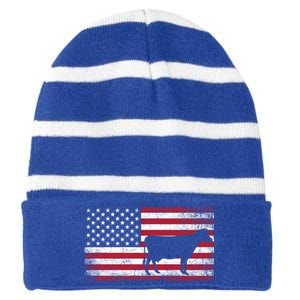 Cow Farm Farmer 4th Of July American Flag Patriotic Usa Meaningful Gift Striped Beanie with Solid Band