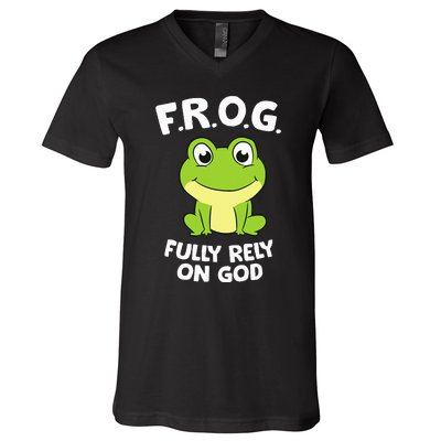 Cute Frog Fully Rely On God Christian Frog V-Neck T-Shirt