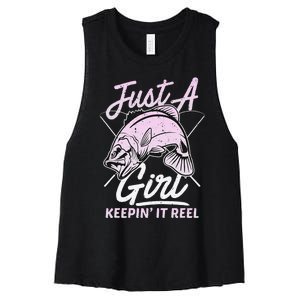 cute fishing funny keeping it reel wo purple pink Women's Racerback Cropped Tank