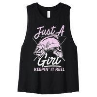 cute fishing funny keeping it reel wo purple pink Women's Racerback Cropped Tank