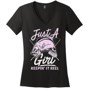 cute fishing funny keeping it reel wo purple pink Women's V-Neck T-Shirt