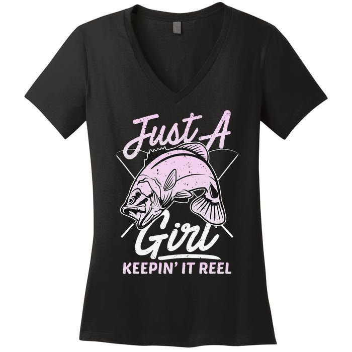 cute fishing funny keeping it reel wo purple pink Women's V-Neck T-Shirt