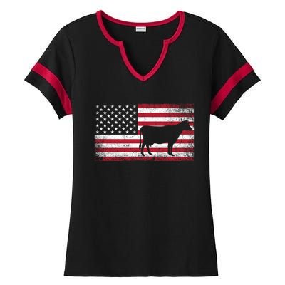 Cow Farm Farmer 4th Of July American Flag Patriotic Usa Gift Ladies Halftime Notch Neck Tee