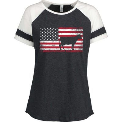 Cow Farm Farmer 4th Of July American Flag Patriotic Usa Gift Enza Ladies Jersey Colorblock Tee