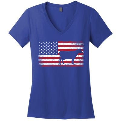 Cow Farm Farmer 4th Of July American Flag Patriotic Usa Gift Women's V-Neck T-Shirt