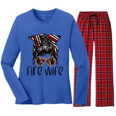 Cute Firefighter Fire Wife Glasses Bandana Flag Tee Funny Gift Women's Long Sleeve Flannel Pajama Set 