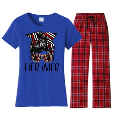 Cute Firefighter Fire Wife Glasses Bandana Flag Tee Funny Gift Women's Flannel Pajama Set