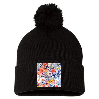 Colorful Flower Fabric Floral Pattern Pom Pom 12in Knit Beanie