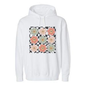 Checkered Flowers Face Happy Flower Gift Idea Cute Garment-Dyed Fleece Hoodie