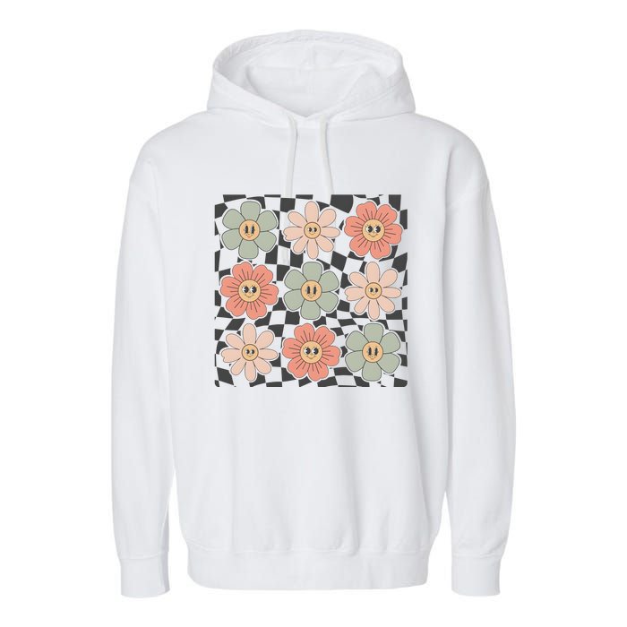 Checkered Flowers Face Happy Flower Gift Idea Cute Garment-Dyed Fleece Hoodie