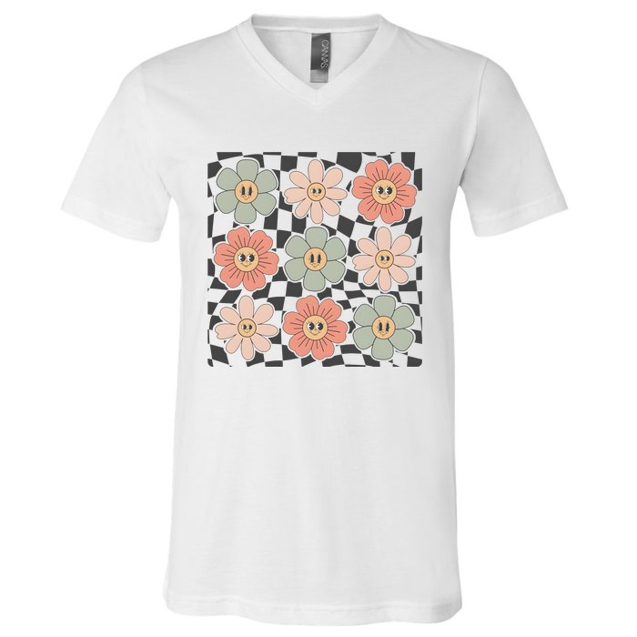 Checkered Flowers Face Happy Flower Gift Idea Cute V-Neck T-Shirt