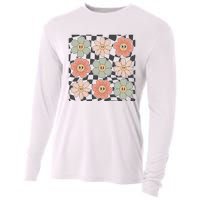 Checkered Flowers Face Happy Flower Gift Idea Cute Cooling Performance Long Sleeve Crew