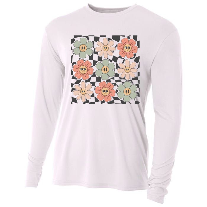 Checkered Flowers Face Happy Flower Gift Idea Cute Cooling Performance Long Sleeve Crew