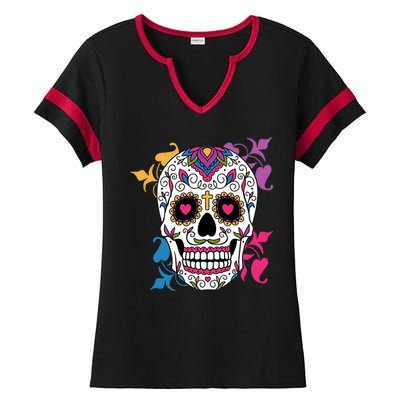 Candy Floral Graphic Skull Design Ladies Halftime Notch Neck Tee